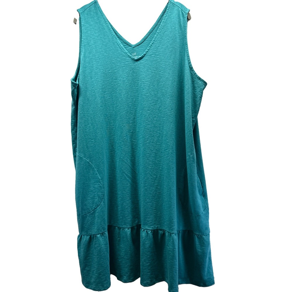 J Jill Flounce Hem Double V Neck Dress Size 2X Solid Teal Blue Sleeveless Slub